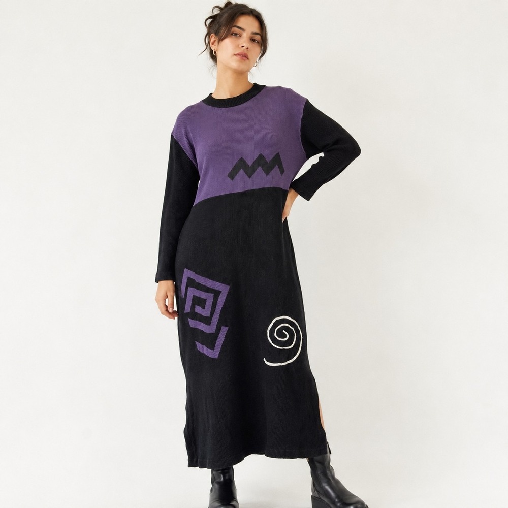Vintage Mijo New York Sweater Dress Women's Small Black Geometric Ribbed Knit